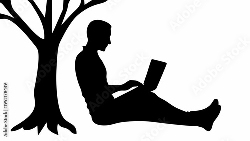 Digital nomad working on laptop sitting under tree in black silhouette vector