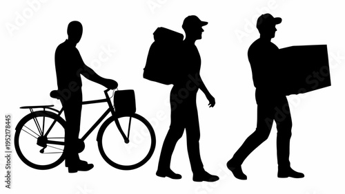 Delivery service workers in silhouette walking with bike and packages