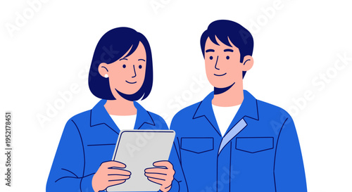 Two diverse colleagues in blue work uniforms collaborate using a tablet discussing project details with smiles