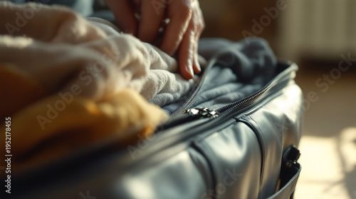 Person's hands carefully packing various clothes into an open black suitcase, preparing for a journey or trip.