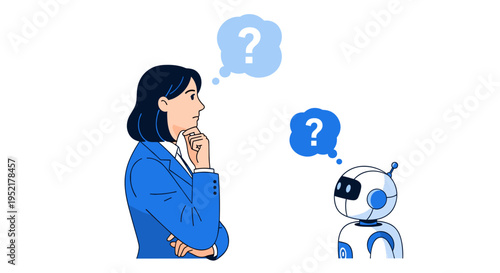 Woman and robot contemplating with question marks above heads symbolizing confusion uncertainty and the search