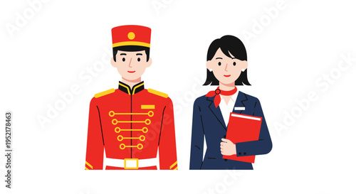Professional hotel staff a smartly dressed male doorman in red uniform and a female receptionist in blue blazer