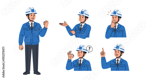 Diverse male construction worker poses showing thought questioning and explaining with blue overalls and white helmet