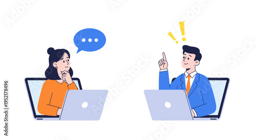 Two colleagues engaged in a virtual business meeting communicating via laptops with speech bubbles and exclamation