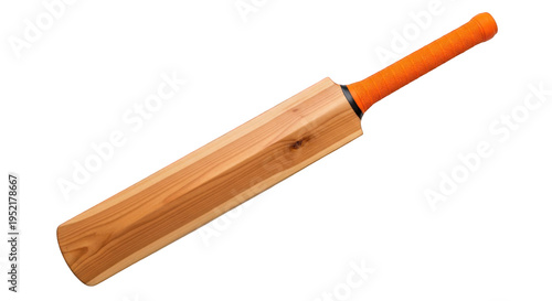 Wooden cricket bat with orange handle isolated on transparent background