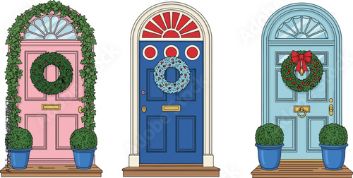 Set of decorative front doors with wreaths plants and classic architectural details illustration isolated on light background for home exterior design