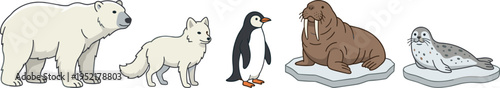 Arctic Animals Illustration Set Featuring Polar Bear, Arctic Fox, Penguin, Walrus, and Seal on Ice for Wildlife and Polar Nature Design