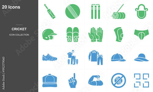 Set of 20 flat design cricket sport icons with equipment and gameplay vector illustrations
