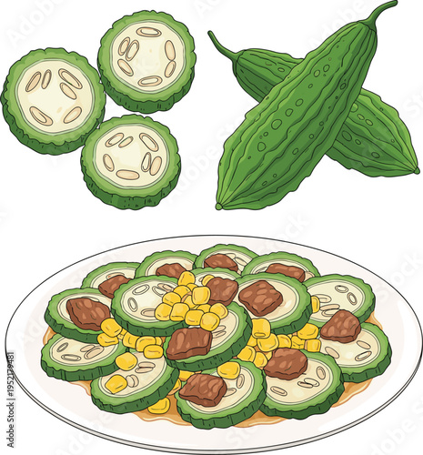 Bitter Melon Vegetable and Cooked Dish Illustration with Sliced Bitter Gourd, Corn and Meat Healthy Asian Cuisine Food Vector Design