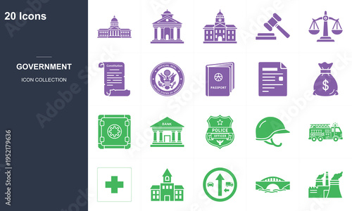 20 flat vector icons set for government and public administration concepts on dark background