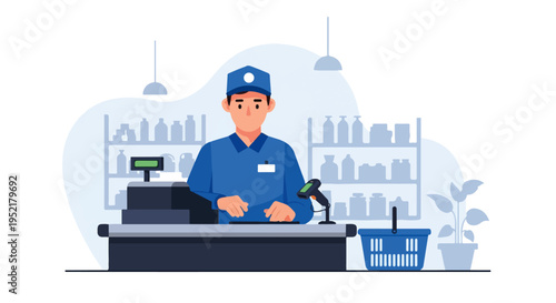 Man Cashier Scanning Products from Shopping Basket at Checkout Counter in Supermarket