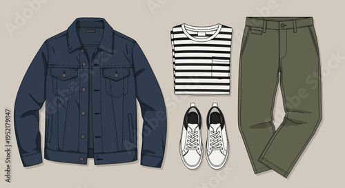 Casual Outfit with Denim Jacket and Striped Shirt