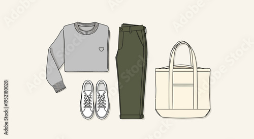 Minimalist flat vector illustration of a casual outfit set including a sweatshirt, slim pants, sneakers, and tote bag, clean line art, neutral earthy color palette, modern urban style, front view clot