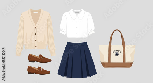 Minimalist flat vector illustration of a smart casual outfit set including a cardigan, short sleeve blouse, pleated skirt, loafers, and tote bag, clean line art, soft neutral color palette, preppy sty