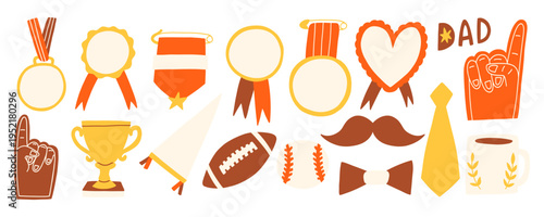 Colorful Father Dad Day Flat Element Kit. Handdrawn Pencil Crayon Dad Day Icon Set. Hand Drawn Vector Illustration