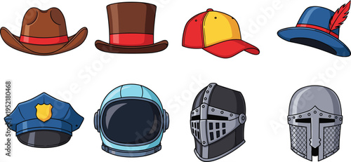 Collection of various hats and helmets illustration including cowboy cap police astronaut and medieval armor isolated on light background for costume design