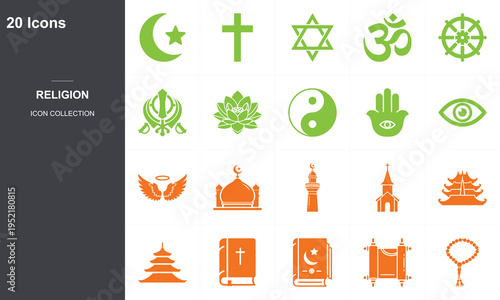 Set of 20 flat design religion and spirituality icons on dark background for interfaith concepts
