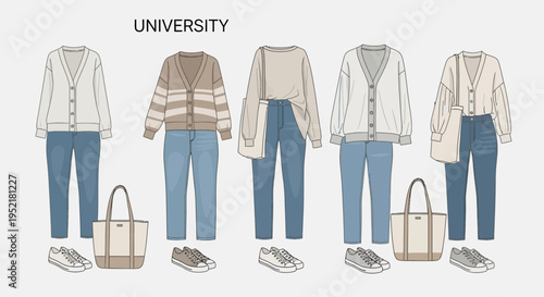 Flat vector illustration of university outfit collection, casual student clothing set including cardigans, sweaters, shirts, jeans, sneakers and tote bags, neatly arranged outfit combinations, minimal