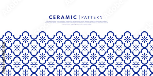 Blue Geometric Floral Tile Pattern. Arabic background.Seamless decorative pattern featuring blue geometric shapes and floral motifs on a clean white background.