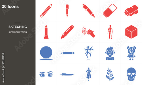 20 flat design engineering icons set with sketching, construction, and robotics concepts in red and blue