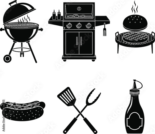 Black and white illustration of barbecue tools and grills