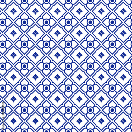 Thai pattern with blue floral background. Elegance traditional Thai seamless pattern featuring flowing Thailand-inspired geometric shapes in deep blue on a light background.