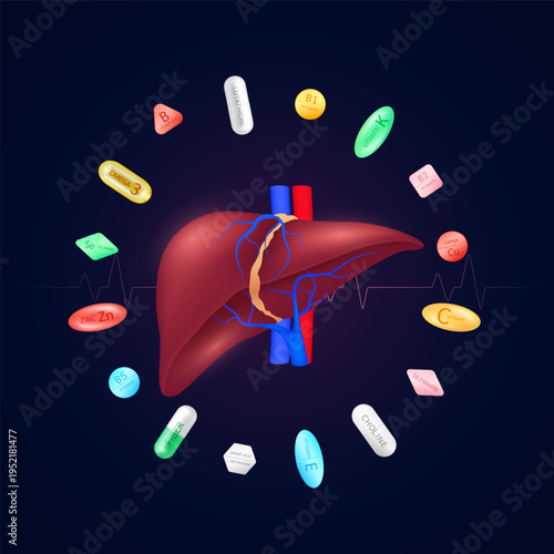 Model of the human liver is surrounded by pills capsules. Minerals Zinc Calcium Copper Amino Choline Omega 3 Vitamin E C. Supplement essential nutrients for organ. Health care medical. Vector.