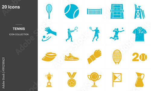 Set of 20 flat design tennis icons with trophies, equipment, and sportswear for sports events and competitions