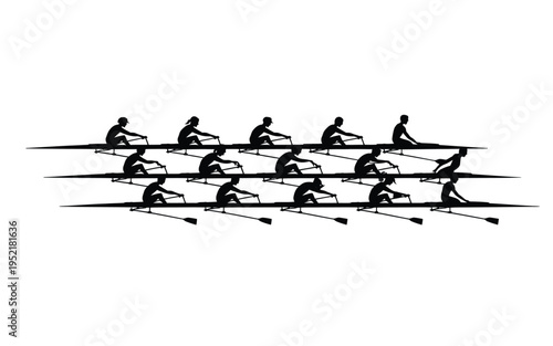 Rowing team in motion multiple exposure effect black silhouettes on white background dynamic sports illustration