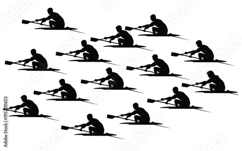 Rowing silhouettes in various positions black icons on white background for graphic design