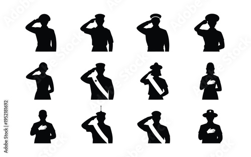 Collection of 12 black silhouette icons depicting various people saluting in different poses and uniforms on white background