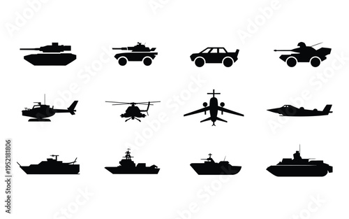 Collection of military and civilian vehicle silhouettes including tanks aircraft and ships on white background