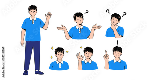 Young man expressing confusion ideas and understanding through various gestures and facial expressions on a white