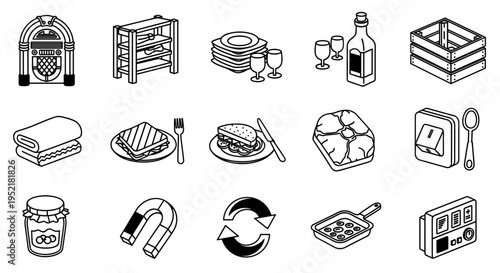 Isometric line art icons set representing diverse objects for lifestyle food and technology concepts isolated on white
