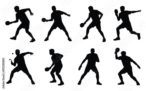 Black silhouettes of men playing basketball in various poses and movements on white background