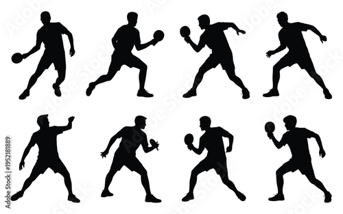 Eight black silhouettes of male boxers in various fighting stances on white background