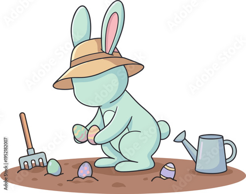 A rabbit wearing a hat is gardening eggs outdoors with tools.