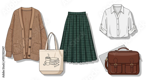 Fashion Illustration of School Outfit and Accessories