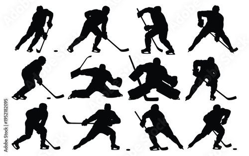 Black silhouettes of ice hockey players in various poses with sticks and puck on white background for sports design