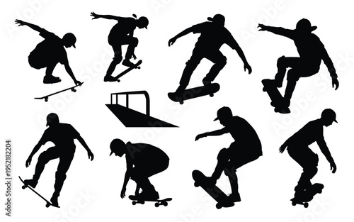 Silhouettes of skateboarders performing tricks on ramps and streets action packed black icons on white background for design