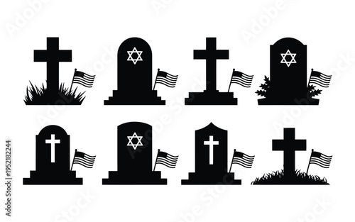 Black silhouettes of jewish and christian tombstones with american flags on white background symbolizing respect and remembrance