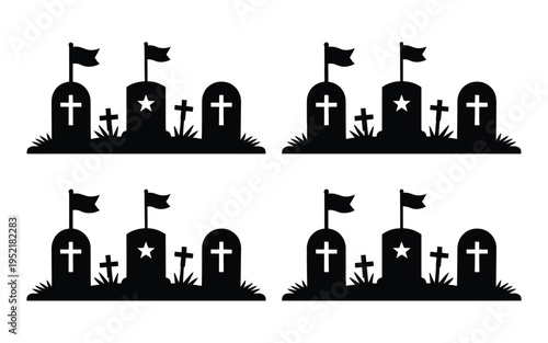 Black silhouettes of gravestones with crosses and flags on white background spooky graveyard icons set for halloween or memorial concepts