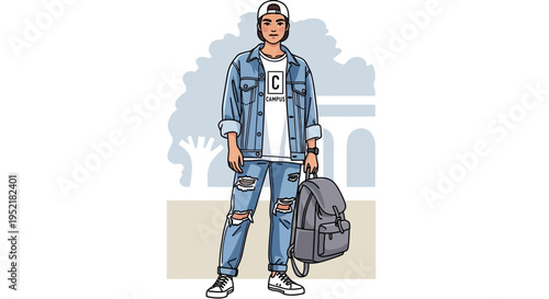 flat vector illustration of a modern young man traveler standing confidently, wearing denim jacket and jeans, carrying a duffel bag, casual urban outfit, minimal color palette, clean lines, simple