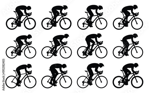 Cyclist in various positions on a bicycle cycling motion sequence sports and fitness concept exercise and activity
