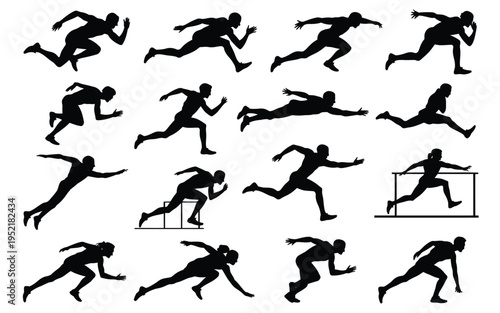 Collection of black silhouettes of a runner in various dynamic poses showcasing different running styles and movements on a white background for athletic and sports concepts