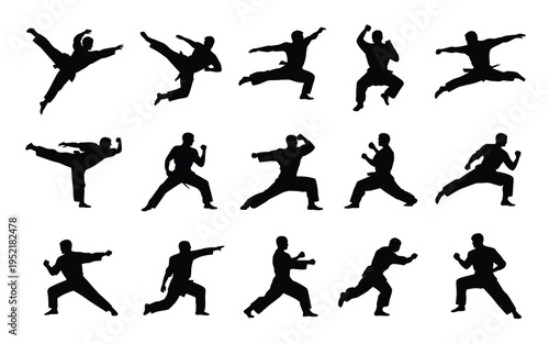 Collection of black silhouette martial arts poses and movements on white background for design and fitness concepts