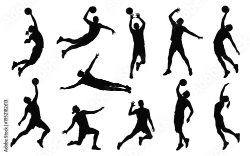 Black silhouettes of people playing basketball in various dynamic poses jumping and throwing ball on white background for sports design