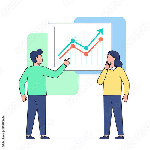 Man pointing at chart while discussing data with colleague in office  