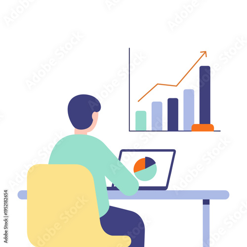 Man working at desk with laptop and chart in simple style  