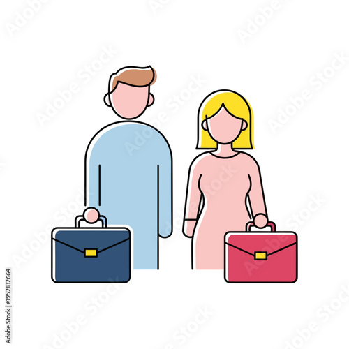 Two people with briefcase standing side by side in minimal style  